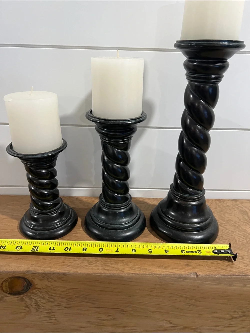 Vintage Classic Black Twisted Wood Candlestick Set with White Pillar Candles - Picture 15 of 15